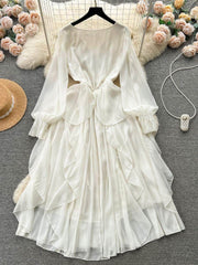 Lantern Sleeves V-Neck Flowy Maxi Dress