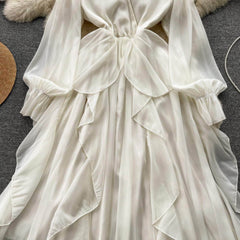 Lantern Sleeves V-Neck Flowy Maxi Dress
