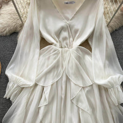 Lantern Sleeves V-Neck Flowy Maxi Dress