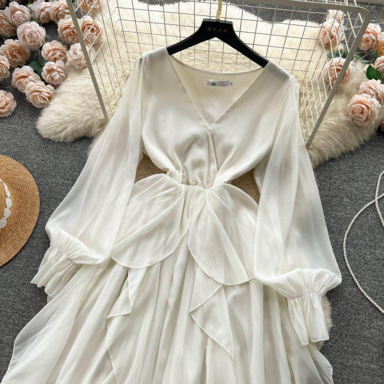 Lantern Sleeves V-Neck Flowy Maxi Dress
