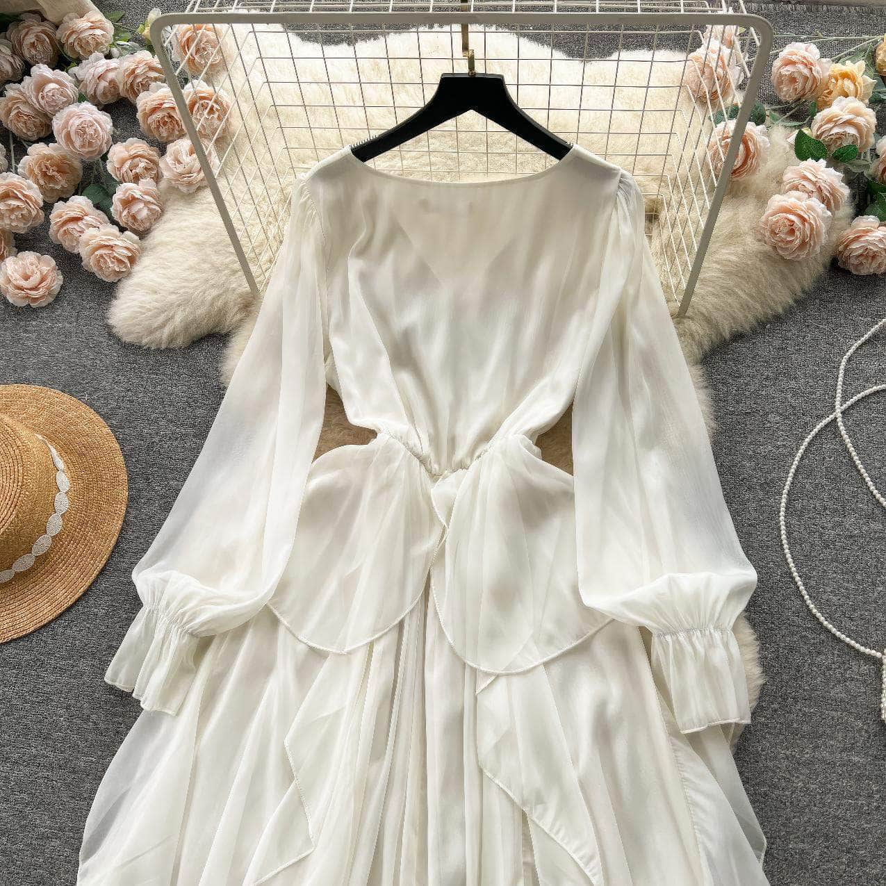 Lantern Sleeves V-Neck Flowy Maxi Dress