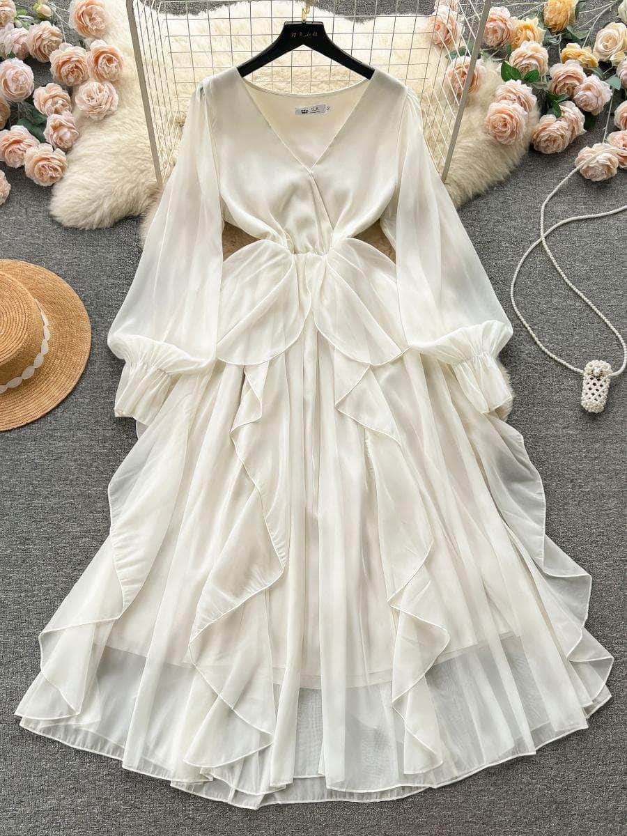 Lantern Sleeves V-Neck Flowy Maxi Dress S / Ivory