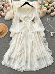 Lantern Sleeves V-Neck Flowy Maxi Dress S / Ivory