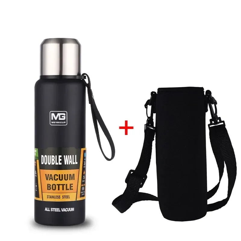 Large Capacity Stainless Steel Thermos - Portable Vacuum Flask Insulated Tumbler with Rope, Thermo Bottle in 500ml, 700ml, 1000ml, and 1500ml sizes Black / With Bag