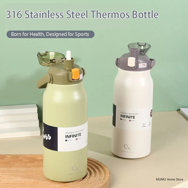 Large Capacity Thermal Water Bottle with Straw - Stainless Steel Thermo Tumbler for Gym, Vacuum Flask for Cold and Hot Insulated Drinks