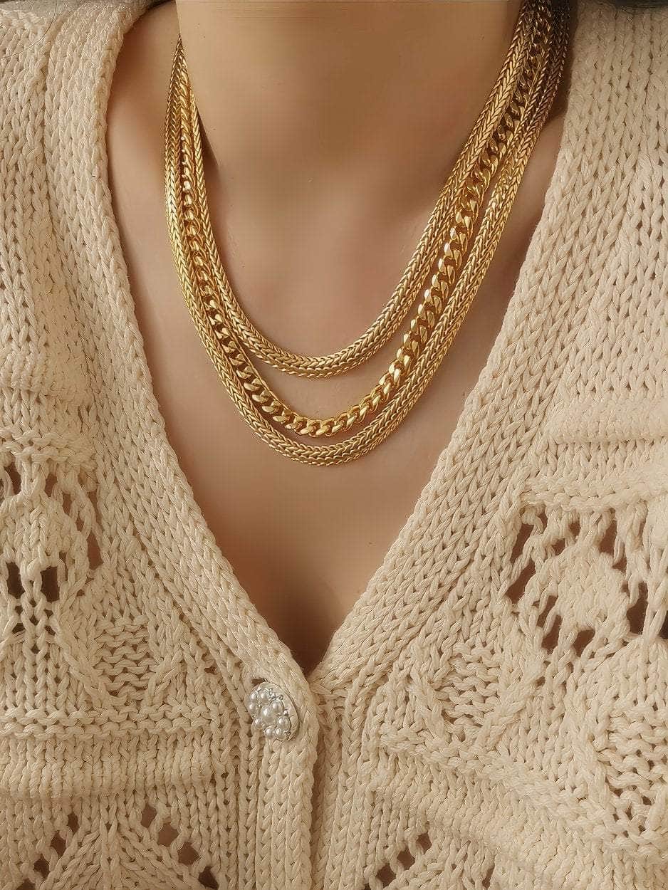 Layered Cuban Link Statement Braided Gold Necklace Gold / Necklace