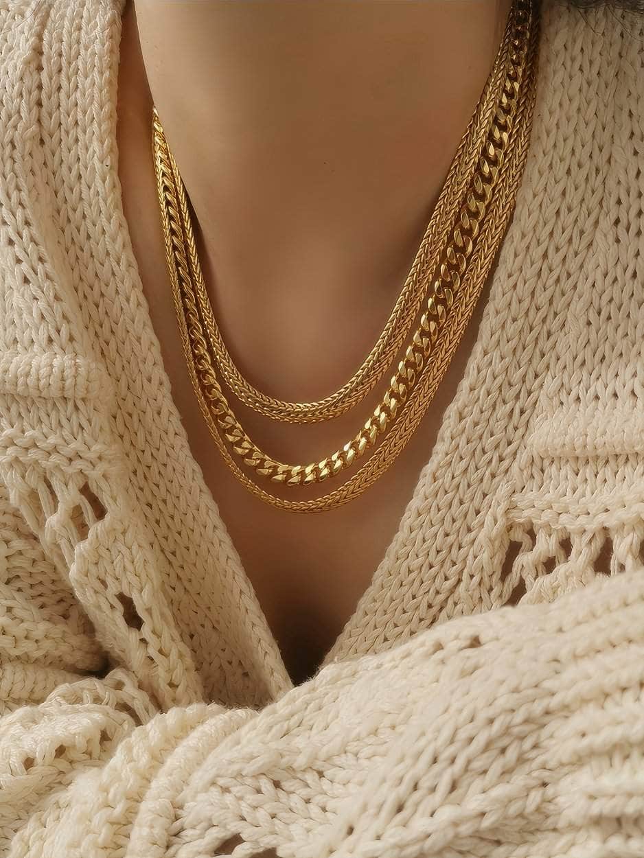 Layered Cuban Link Statement Braided Gold Necklace Gold / Necklace
