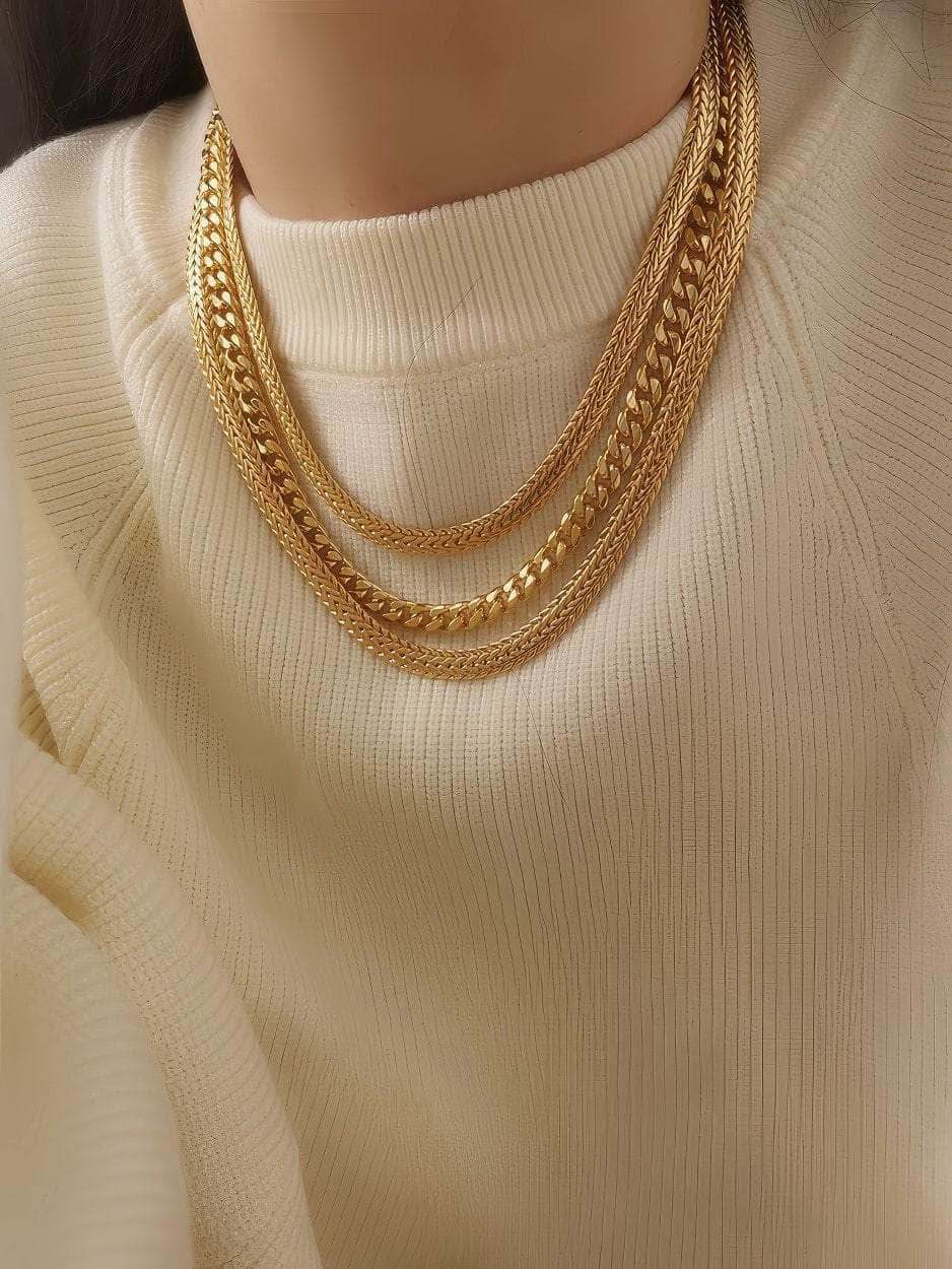 Layered Cuban Link Statement Braided Gold Necklace Gold / Necklace