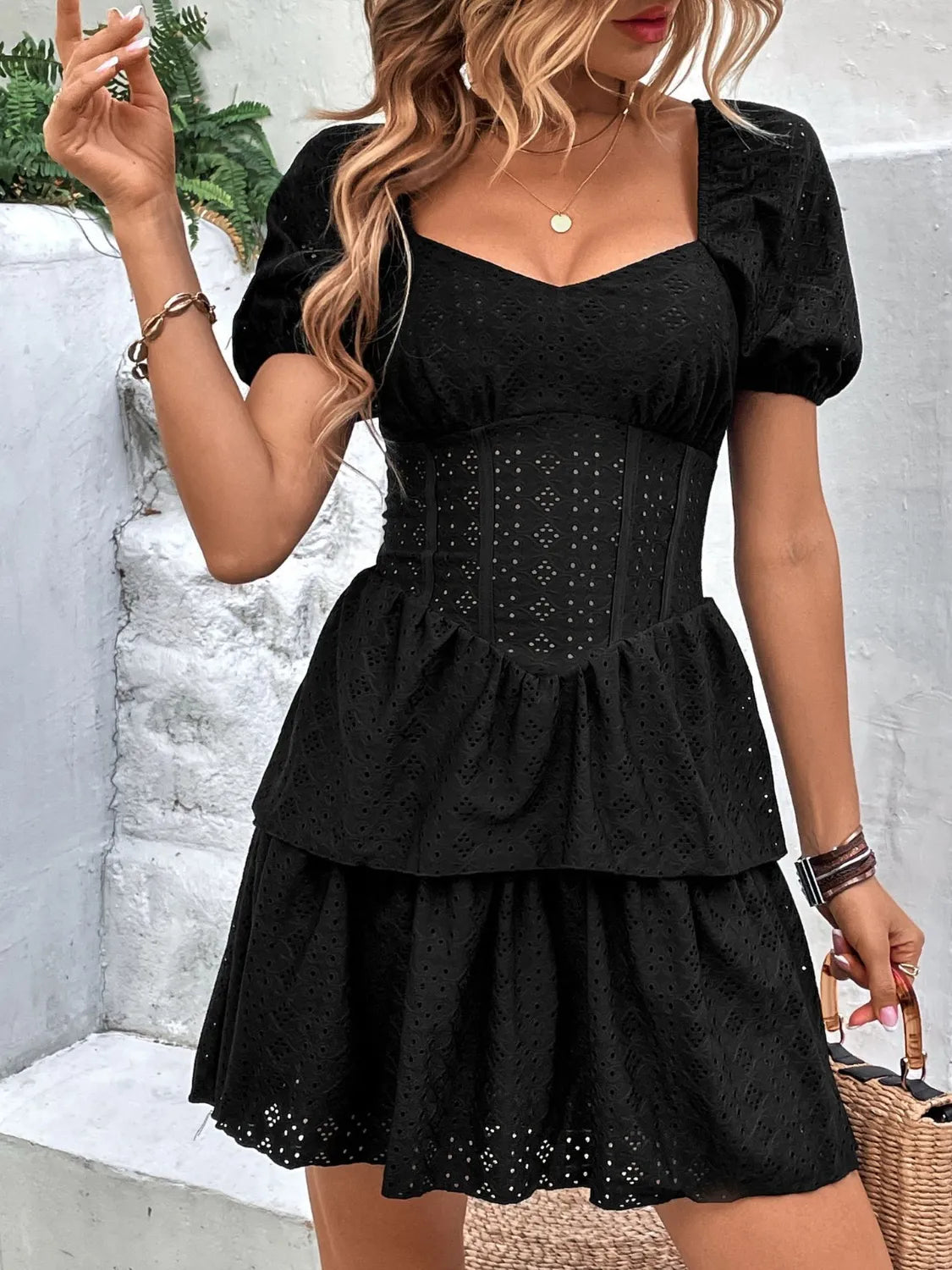 Layered Eyelet Short Sleeve Mini Dress Black / S