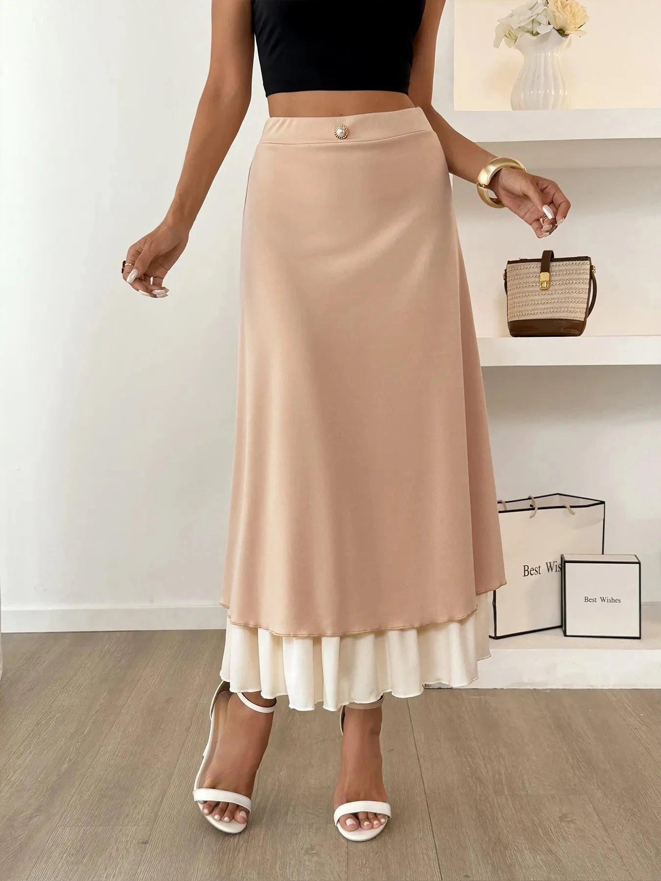 Layered Midi Skirt with Contrast Hem Detail