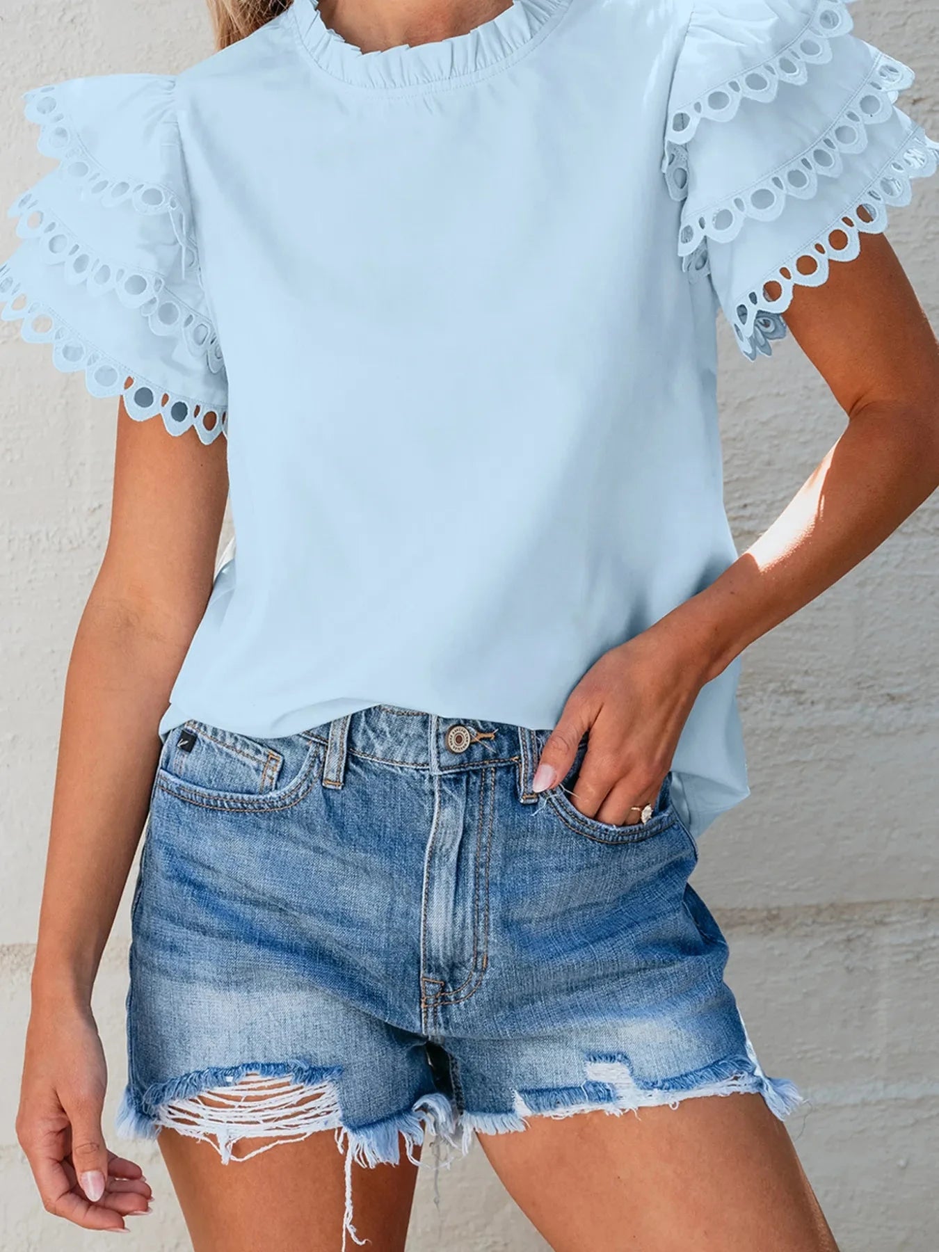 Layered Ric Rac Short Sleeve Filled Neck Blouse
