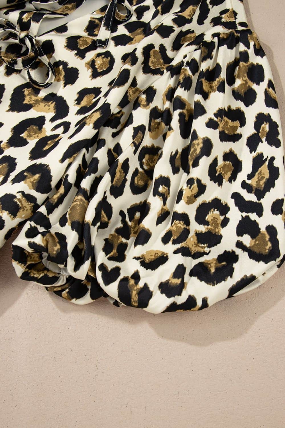 Leopard Bow Tie Front Puff Sleeve Peplum Blouse