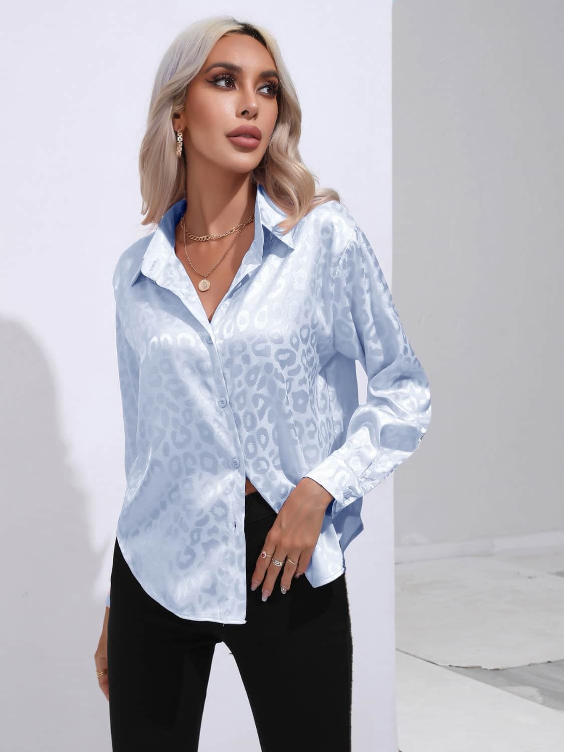 Leopard Collared Neck Long Sleeve Shirt