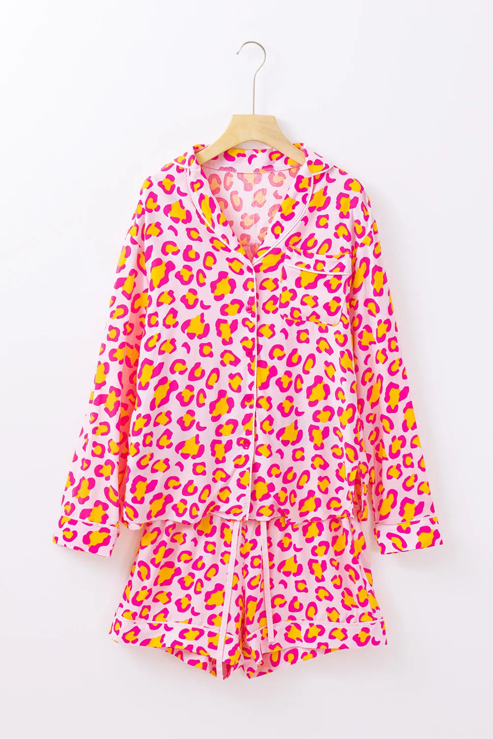 Leopard Collared Neck Long Sleeve Top and Shorts Lounge Set Pink / S