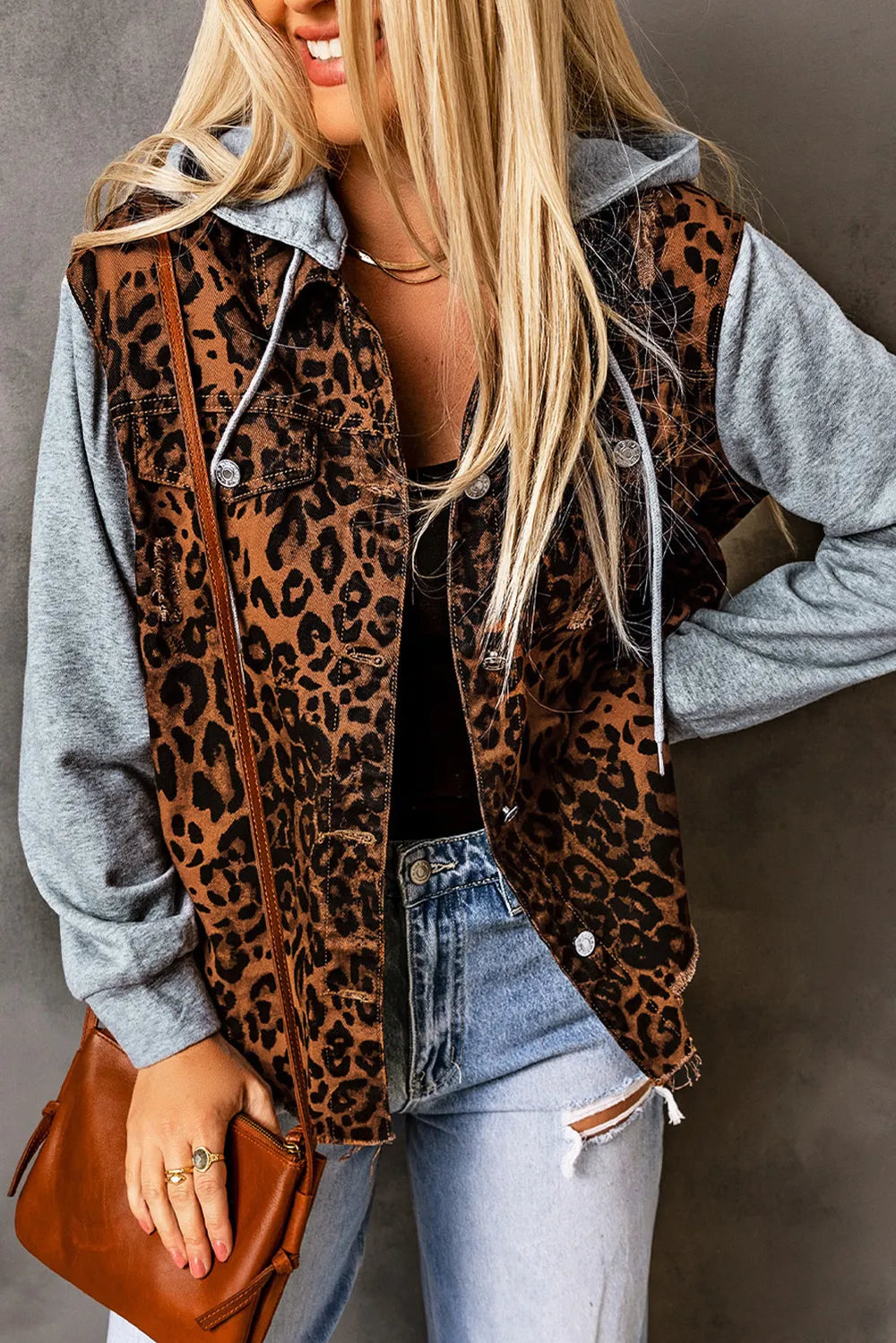 Leopard Distressed Drawstring Hooded Denim Jacket Leopard / S
