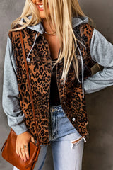 Leopard Distressed Drawstring Hooded Denim Jacket Leopard / S