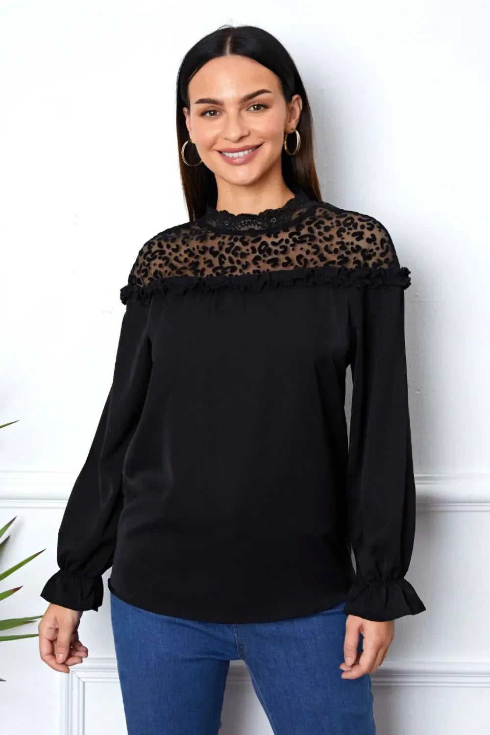 Leopard Frill Flounce Sleeve Blouse Black / S