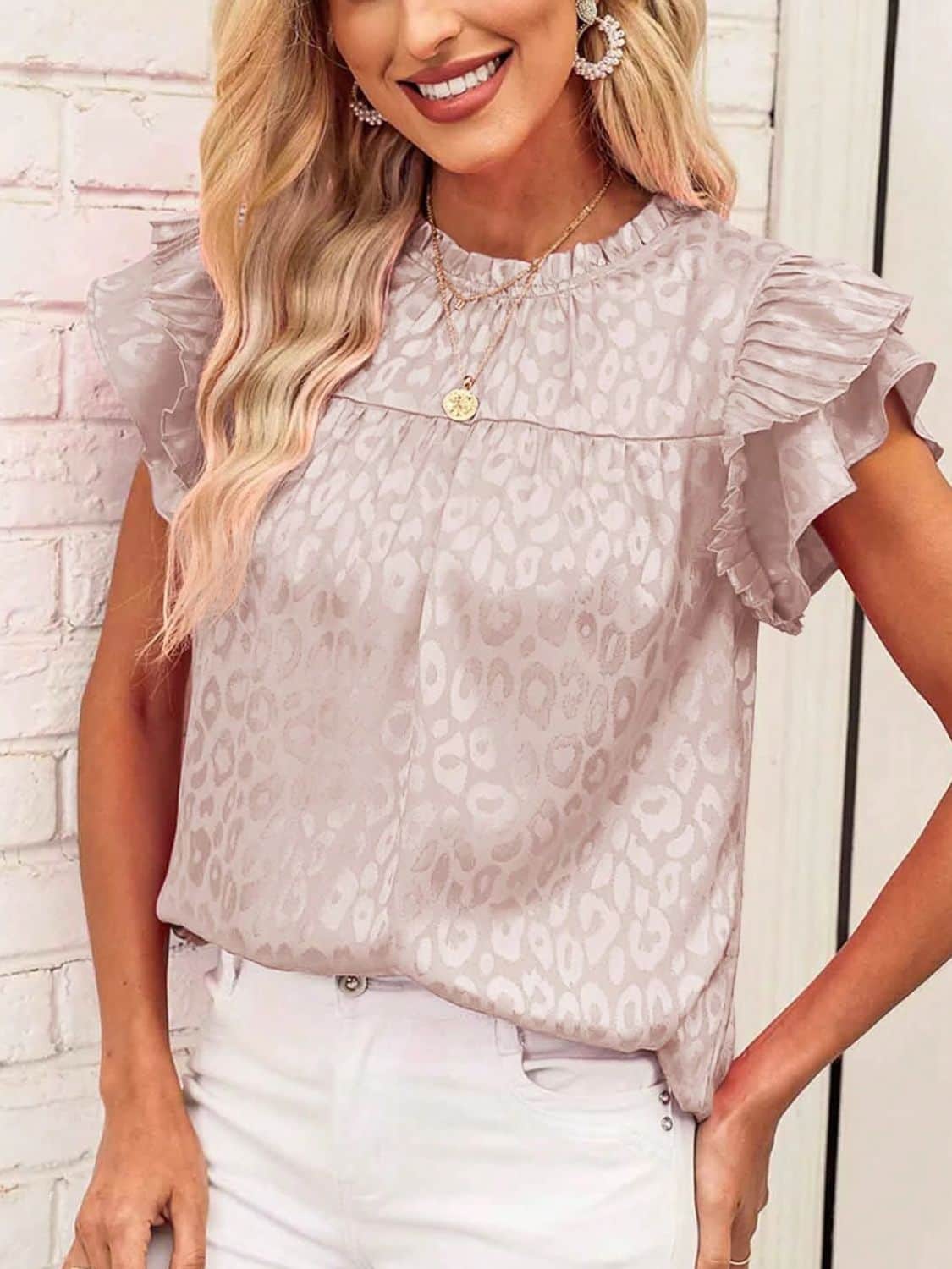 Leopard Frill Mock Neck Ruffled Cap Sleeve Top Eggshell / S