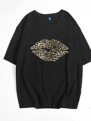 Leopard Lips Round Neck Oversized T-Shirt