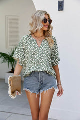 Leopard Notched Half Sleeve Blouse Army Green / S