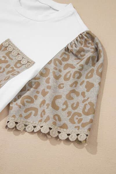 Leopard Patchwork Crochet Lace Trim Puff Sleeve T Shirt