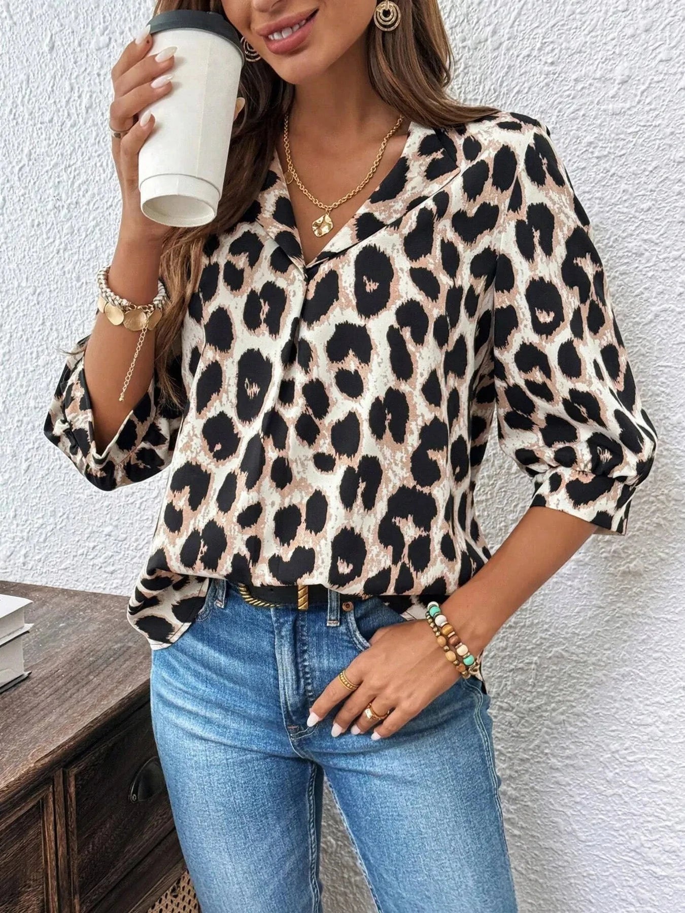 Leopard Print 3/4 Sleeve Blouse