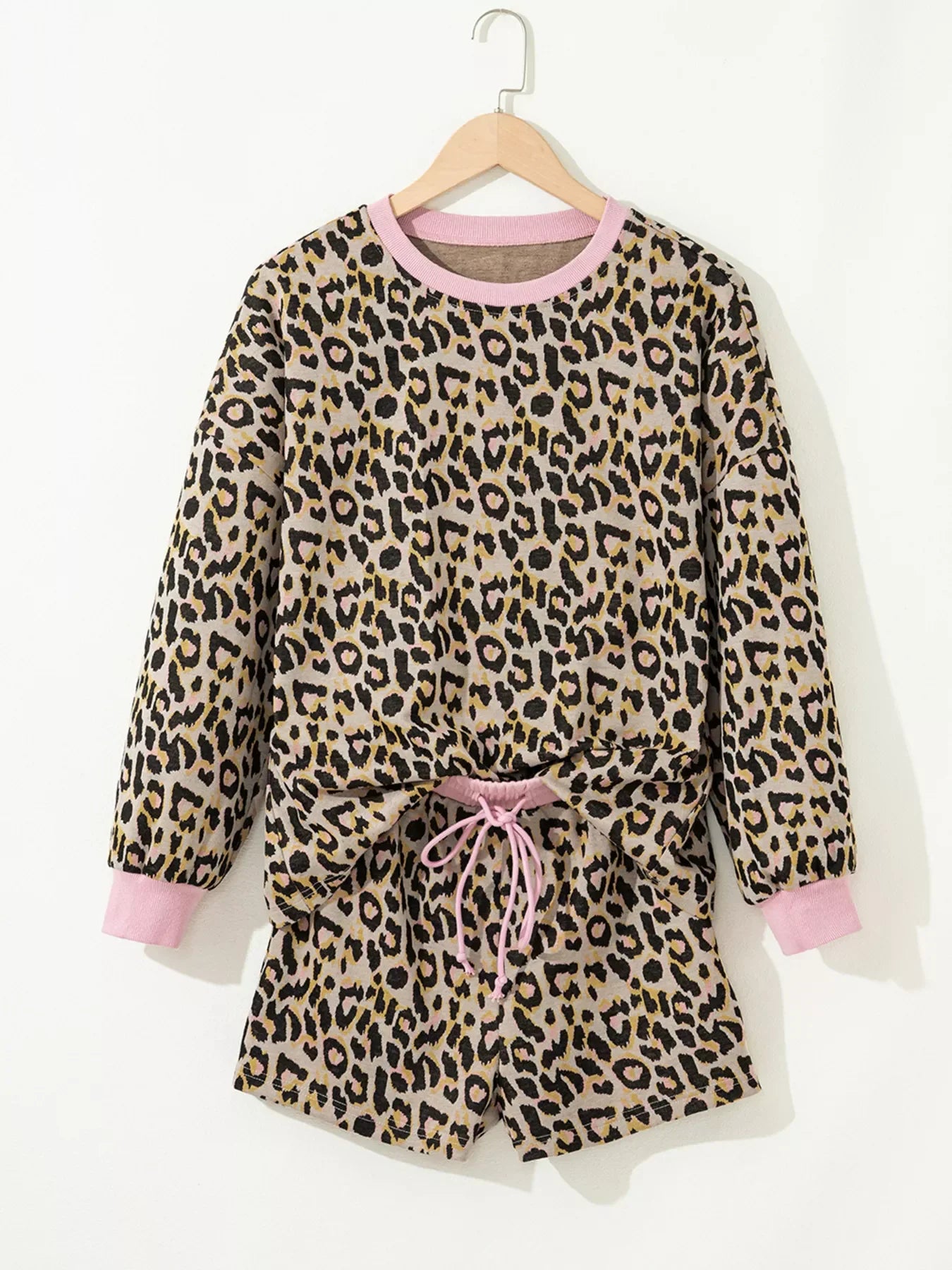 Leopard Print Contrast Edge Long Sleeve Pullover Shorts Set