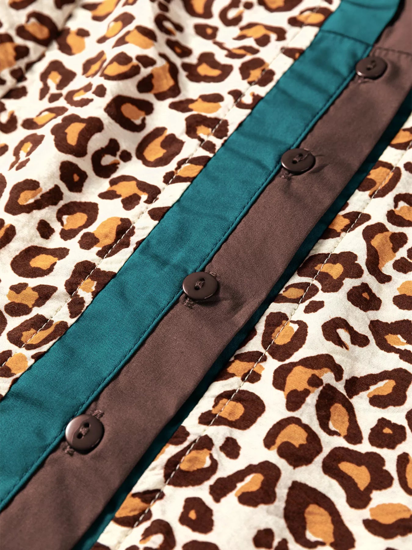 Leopard Print Contrast Frilled Trim Button Down V Neck Shirt