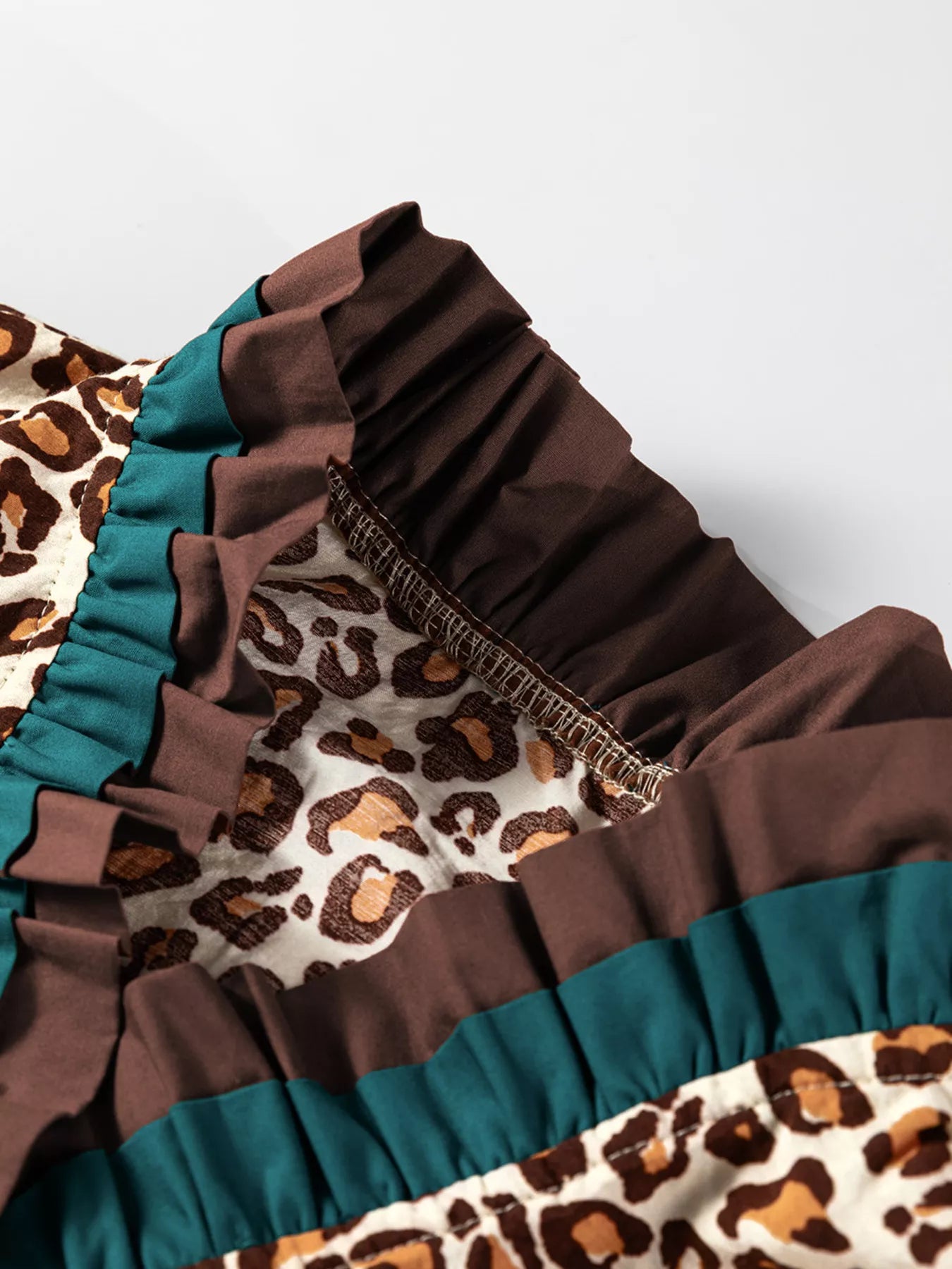 Leopard Print Contrast Frilled Trim Button Down V Neck Shirt