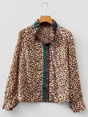 Leopard Print Contrast Frilled Trim Button Down V Neck Shirt