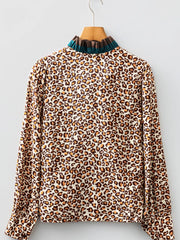 Leopard Print Contrast Frilled Trim Button Down V Neck Shirt