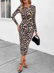 Leopard Print Long Sleeve Bodycon Midi Dress Leopard / S