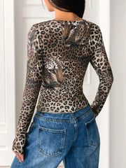 Leopard Print Long Sleeve Fitted T-Shirt