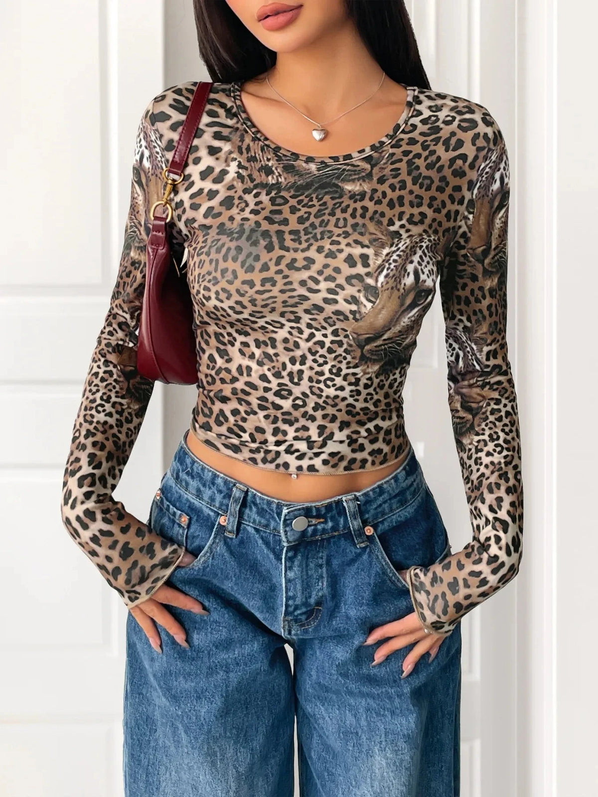 Leopard Print Long Sleeve Fitted T-Shirt Coffee Brown / S