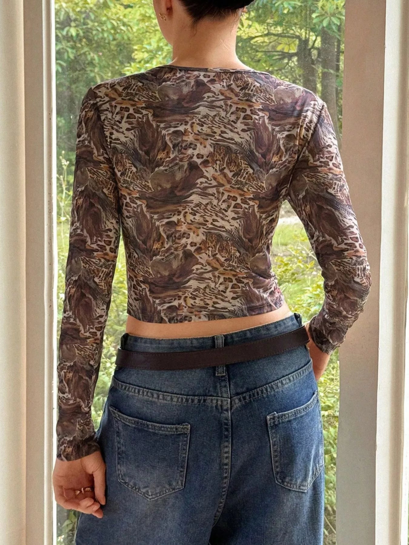 Leopard Print Long Sleeve Mesh Top