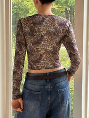 Leopard Print Long Sleeve Mesh Top