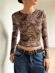 Leopard Print Long Sleeve Mesh Top