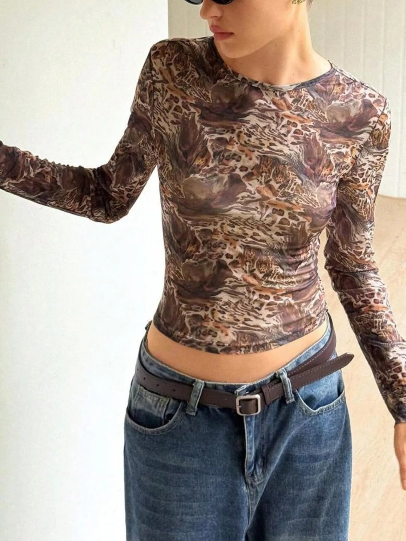 Leopard Print Long Sleeve Mesh Top
