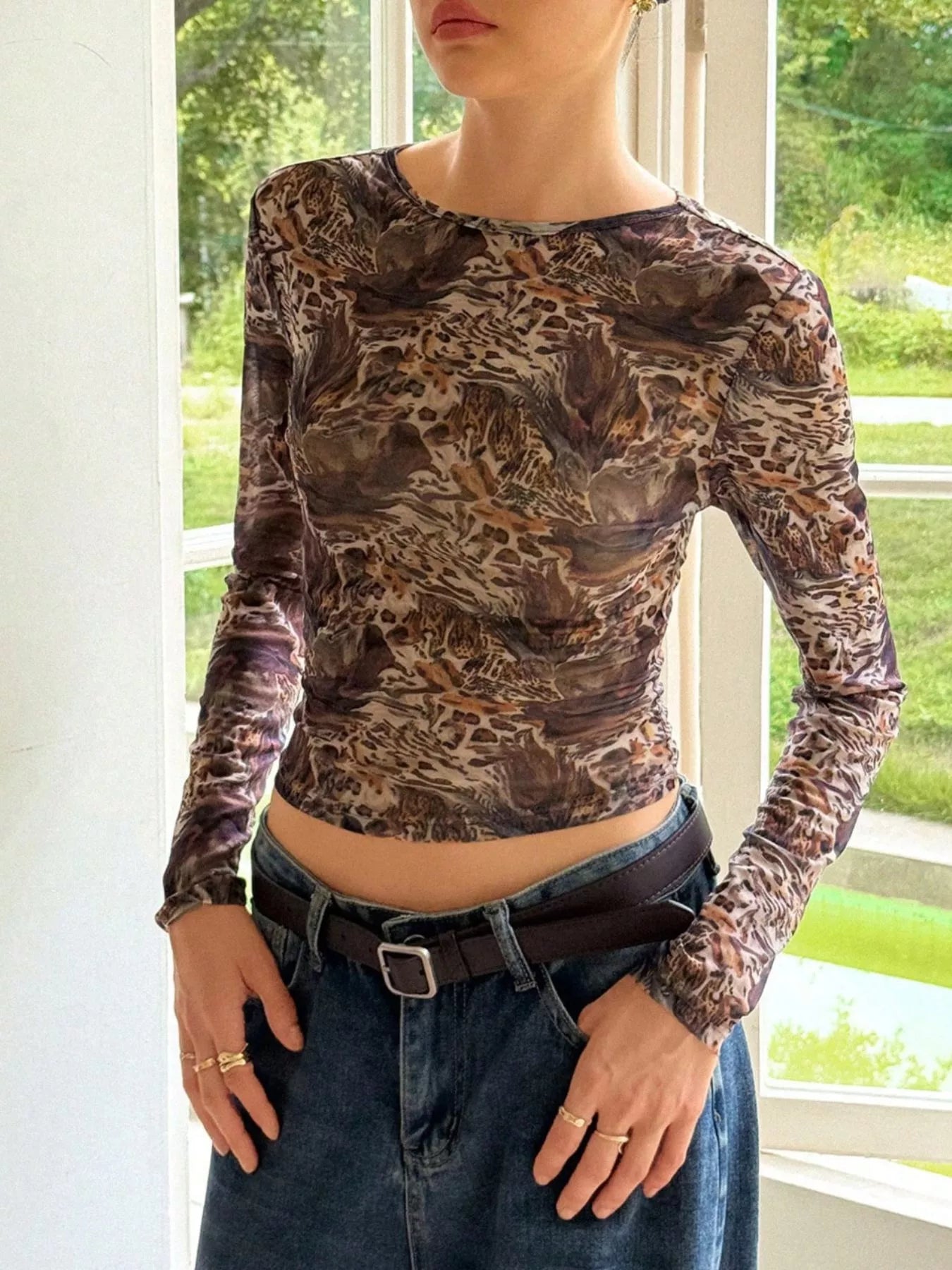 Leopard Print Long Sleeve Mesh Top Brown / S
