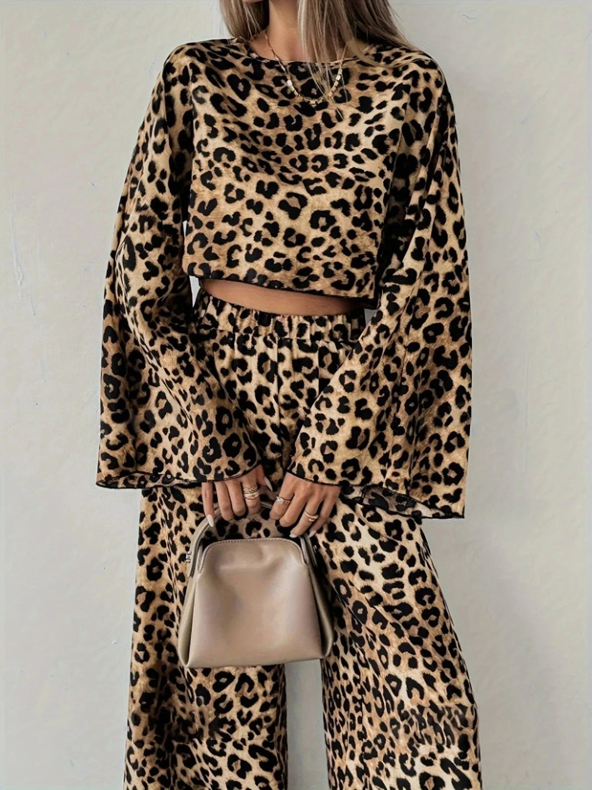 Leopard Print Long Sleeve Top and Pants Set Leopard / S