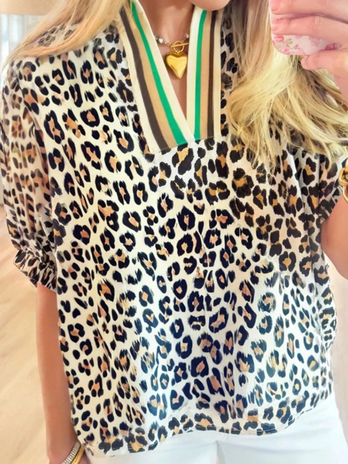 Leopard Print Notched Blouse with Striped Trim