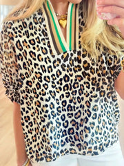 Leopard Print Notched Blouse with Striped Trim