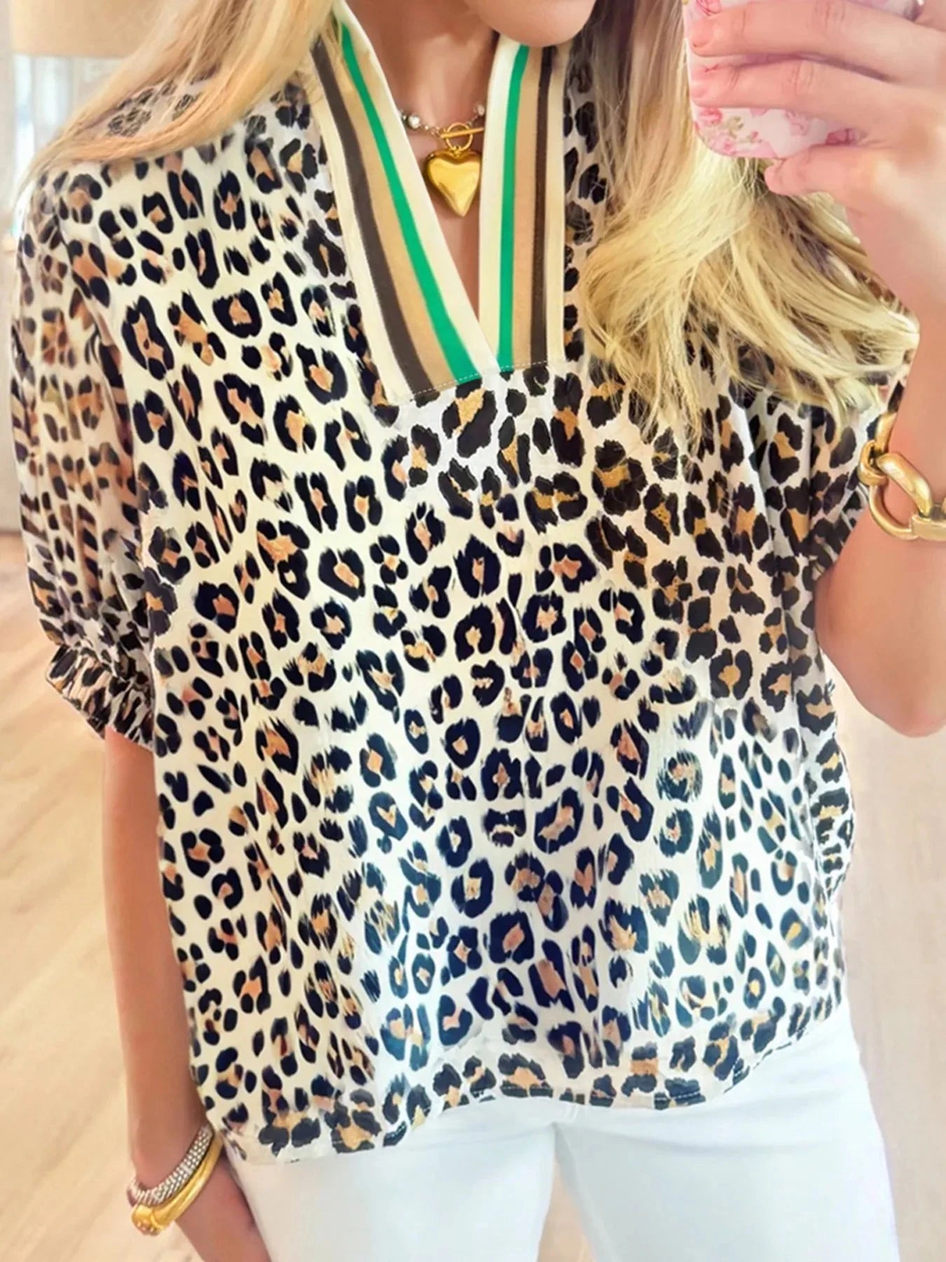 Leopard Print Notched Blouse with Striped Trim Leopard / S