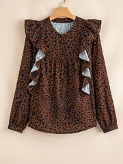 Leopard Print Ruffled Puff Sleeve Blouse