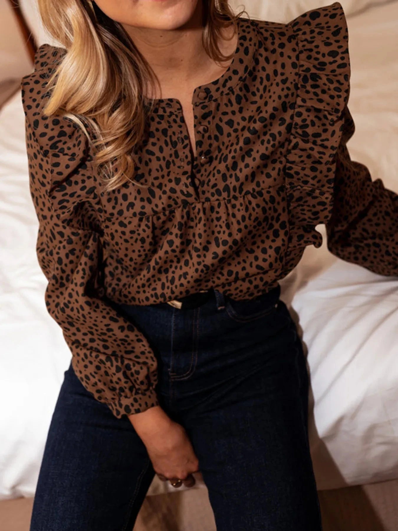 Leopard Print Ruffled Puff Sleeve Blouse Dark Brown / S