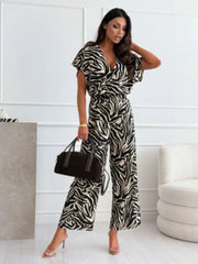 Leopard Print Short Sleeve Wide Leg Jumpsuit Zebra / S