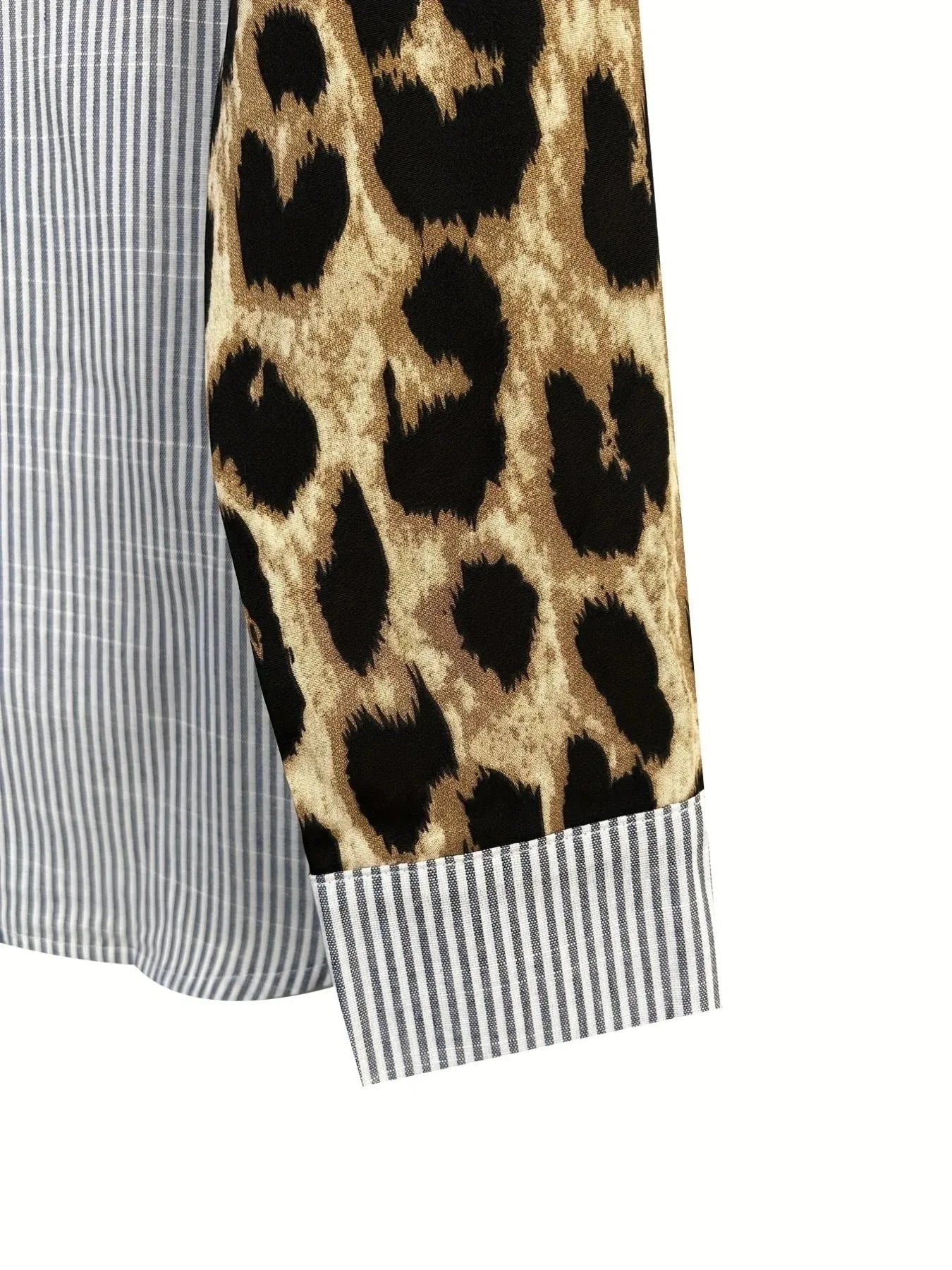 Leopard Print Sleeve Striped Button-Down Shirt