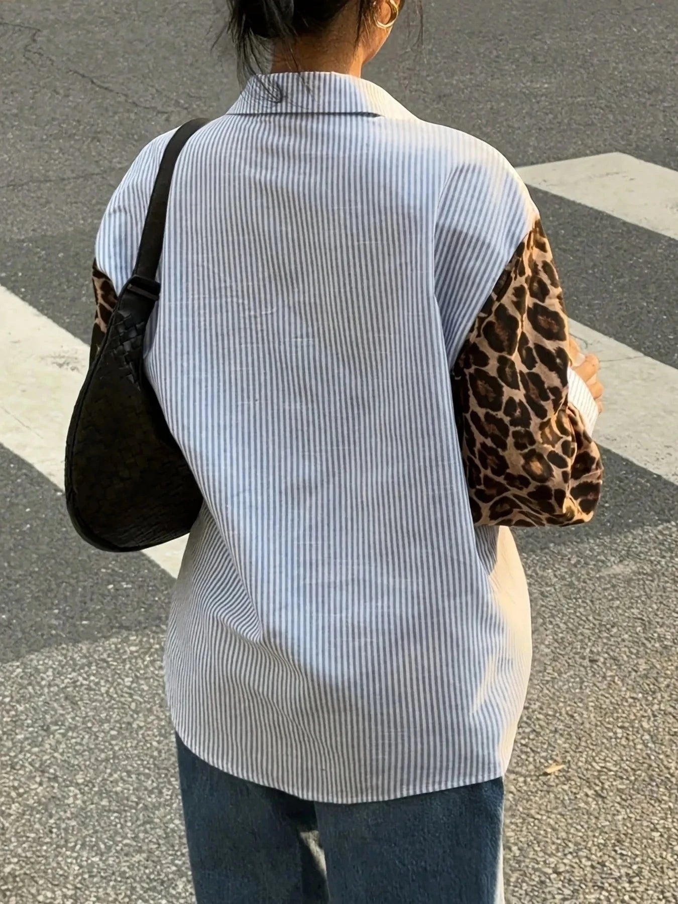 Leopard Print Sleeve Striped Button-Down Shirt
