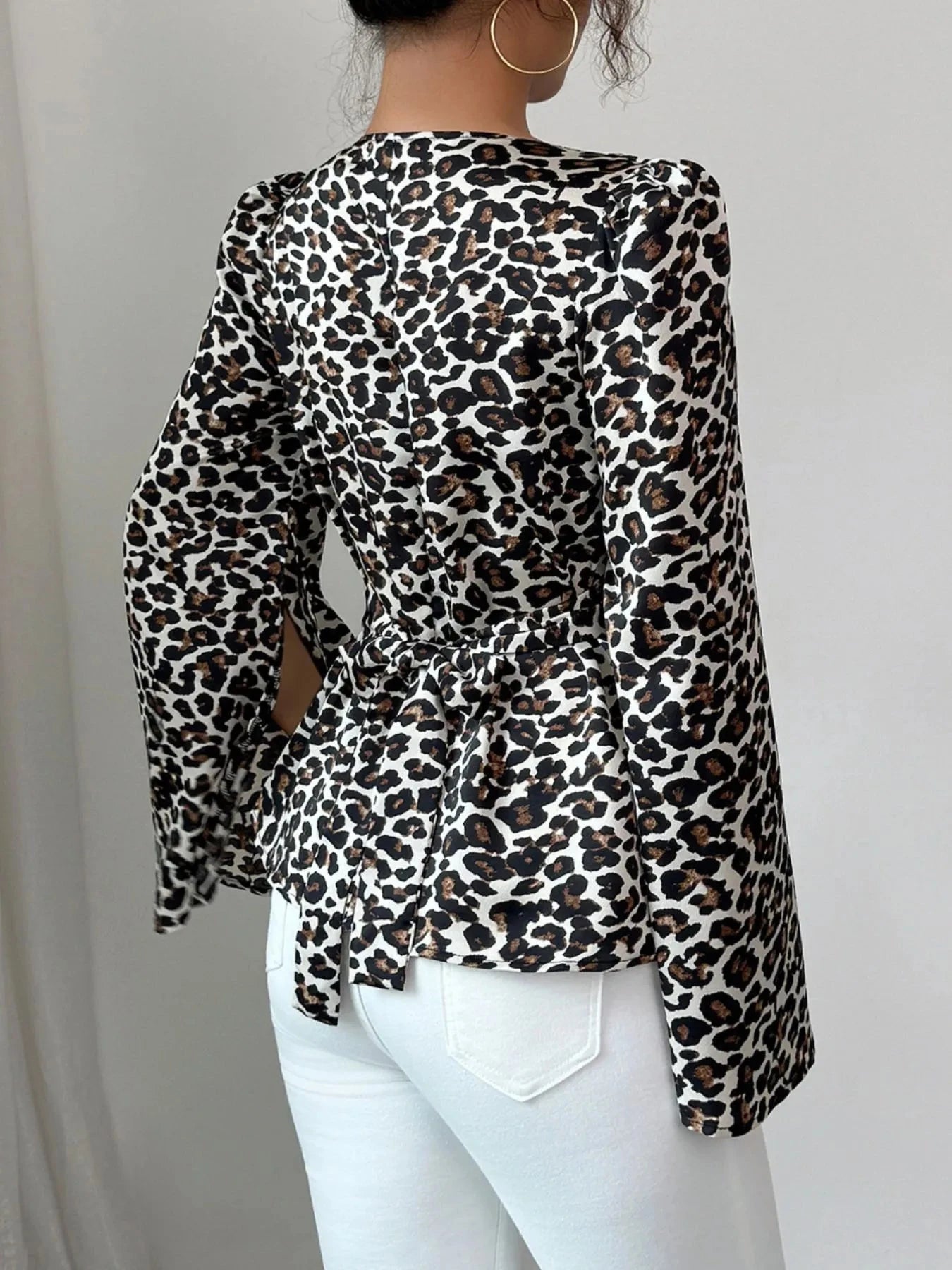 Leopard Print Slit Sleeve Blouse