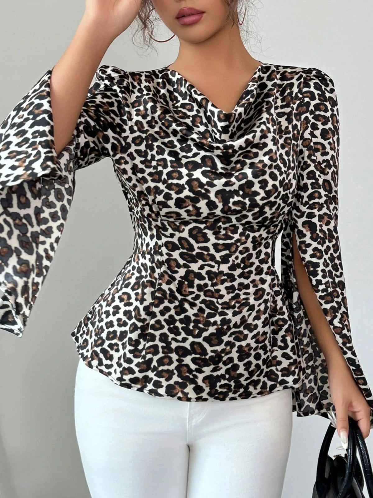 Leopard Print Slit Sleeve Blouse Brown / S